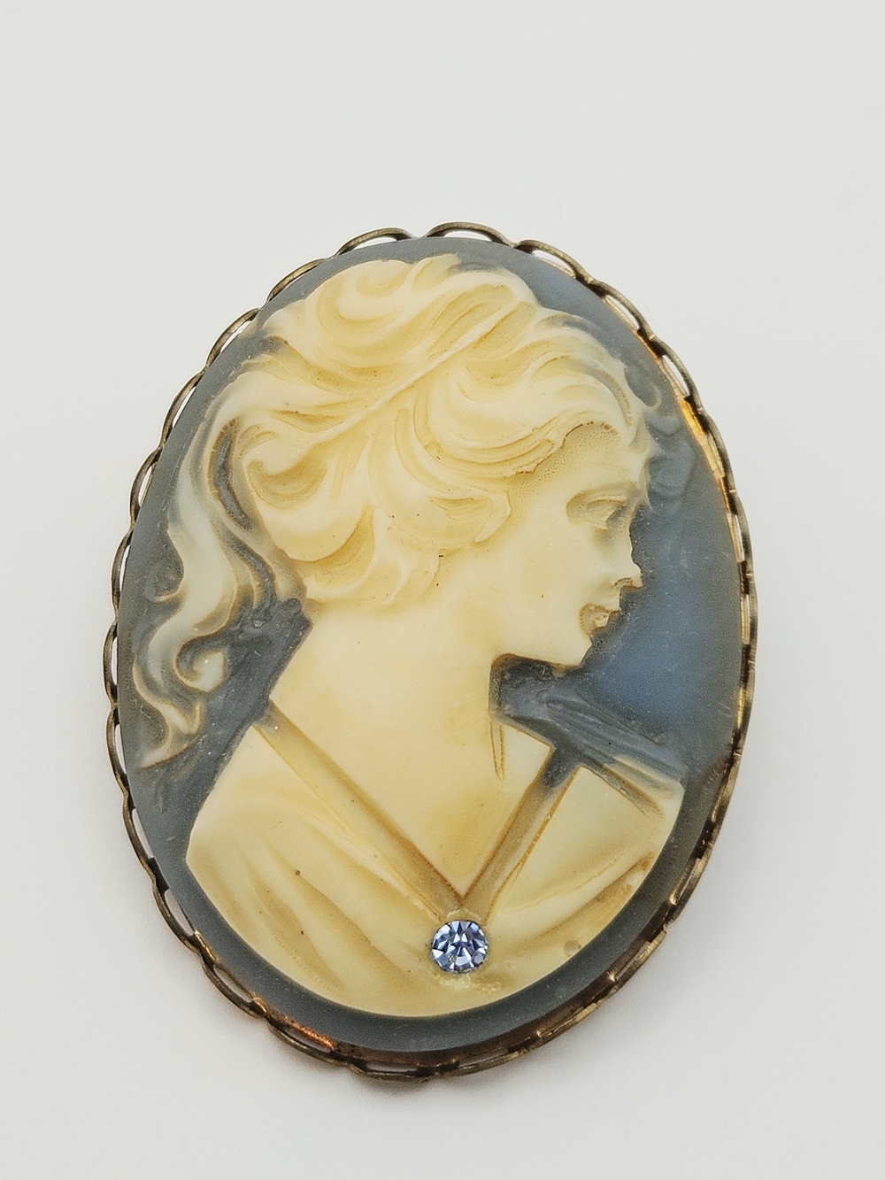 Classic Cameo Brooch in Cream and Gray with Blue Accent